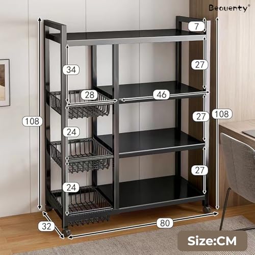 Beauenty 4-Tier Kitchen Storage Shelf Unit, Rolling Utility Cart with 3 Pull-Out Baskets, Metal Vegetable Stand for Kitchen Pantry, Snacks Onion Fruit Storage Shelf
