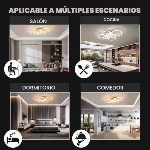 RUYI 72W Living Room Ceiling Lamp, 6 Rings Modern LED Ceiling Light with Remote, 6400LM | 2800-7000K, brillo 5-100% ajustable, memoria ligera, CRI 90+, para salón/dormitorio/cocina/sala de estar/pasillo/comedor