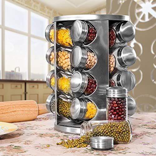 Spice Rack Revolving Stainless Steel Seasoning Storage Organizer Spice Carousel Tower for Kitchen Set of 16 Jars