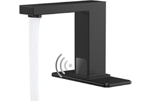 Greenspring Touchless Bathroom Sink Faucet Smart Commercial Sink Faucet with Hole Cover Plate Temperature Mixer Battery or Plug-in Powered Automatic Motion Sensor Sink Faucet Matte Black