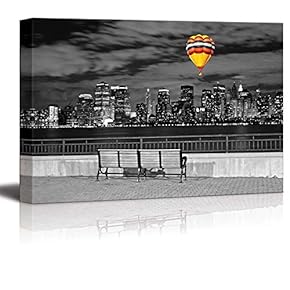 Black and White Photograph with Pop of Color on a Hot Air Balloon Flying Above The City - Canvas Art Home Art - 12x18 inches