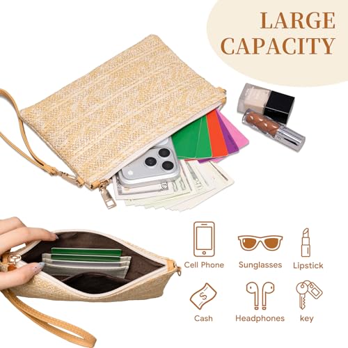 Larcenciel Women's Raffia Bag, Women's Shoulder Bag with Removable Wristlet and Chain, Beach Bag