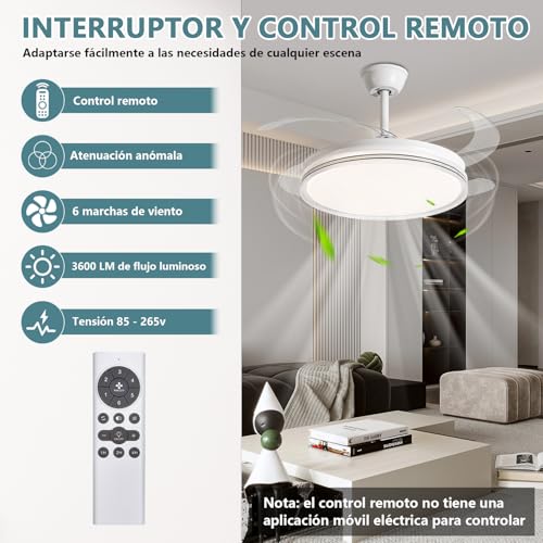 Megaluz F2016-42 Ventilador de Techo Retráctiles de 42 Pulgadas Abanico de Techo con Luz LED, 3000K-6500K Luz Amarilla Cálida a Luz Blanca Fría, Control Remoto y App, 6 Velocidades