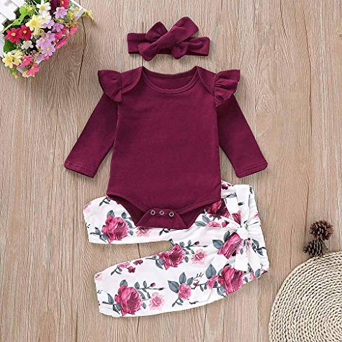 3 Piece Newborn Infant Kid Baby Girl Floral Clothes Jumpsuit Romper Bodysuit Tops Pants Headbands Outfit
