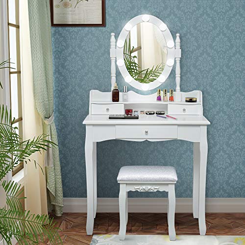 CHARMAID Vanity Table Set with Lighted Mirror, 10 Dimmable LED Bulbs