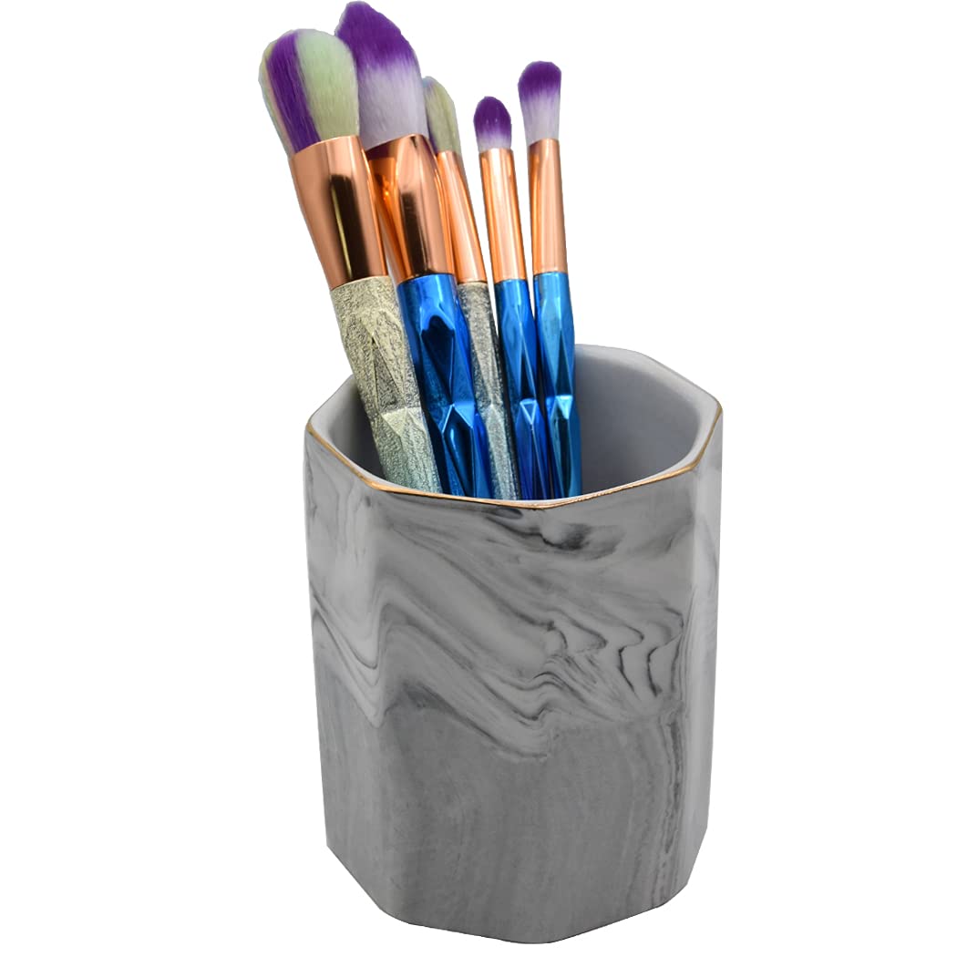 Hoshen Marble Texture Ceramic Pen Holder, Desktop Makeup Brush Storage, Craft Flower Arrangement Ornaments, Suitable for Daily Use in Offices, Classrooms and Homes, Grey Texture