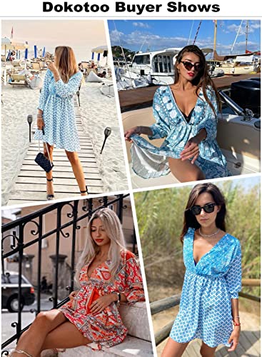 Dokotoo Women Boho Dress Floral Print Flared Vacation Flowy V Neck Backless Mini Dress Sexy High Waist 3/4 Sleeve Ruffle A Line Bohemian Short Dress,US 16-18(XL),Multicolor