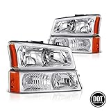 Replacement Headlight Assembly GCVSV03-A4 with Signal Driving Light Chrome Housing Amber Reflector Clear Lens for Chevrolet Silverado 1500 HD 2500 HD Chevy Avalanche 2003-2007 Passenger & Driver Side