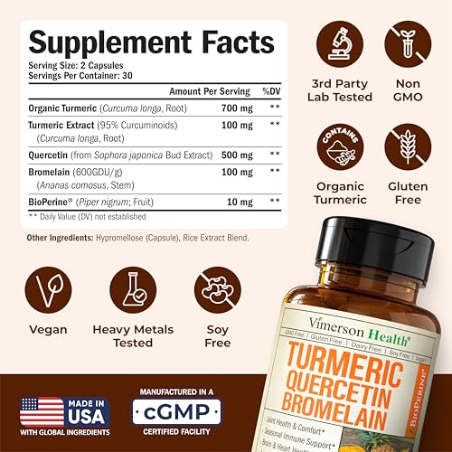 Quercetin with Bromelain Turmeric Curcumin Supplement – Triple Action: Allergy Relief, Inflammation and Joint Support with Organic Tumeric + Bioperine for Max Absorption – 60 Quercetin 500mg Capsules