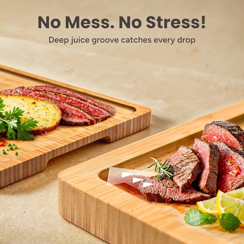 SMIRLY Bamboo Cutting Boards for Kitchen - Wood Cutting Board for Meal Prep, Serving, Charcuterie - Kitchen Gadgets, House Warming Gifts - Wooden Chopping Board Set of 3 with Holder - Natural Bamboo