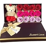 12 Bath Soap Rose Flower, MrPro Flora Scented Flower Set with Baby Bear Doll, (Preservative Free) Plant Essential Oil Soap, Gift for Valentine’s Day / Mother’s Day (12 Red)