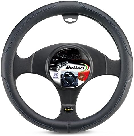 Bottari 16343 Car Cover Road, Suitable for Middle-Size Steering Wheels with Diameter of 14 inch (35-37 cm). Color Black with Embroidery Blue, Odorless