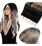 Full Shine Tape in Hair Extensions 20 Inch Balayage Human Hair Extensions Natural Black Fading to...
