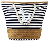 PULAMA Womens Large Beach Tote Canvas Shoulder Bag Striped Anchor Summer Handbag Top Handle Bag Straw Beach Bag Navy Blue Anchor