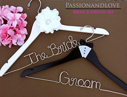Set of Bride &amp; Groom Personalize Bridal Hanger, Satin Padded Name Hanger, Wedding Hanger, Custom Hanger, Mrs. Hanger, Name Wire Hanger, Bridal Party Hanger
