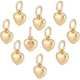 PH PandaHall 20pcs 14K Gold Plated Heart Charms, 9mm Puffed Heart Pendants 3D Love Hearts Brass Dangle Pendant with Jump Ring Connecter for DIY Necklaces Bracelets Earrings Jewelry Findings Making