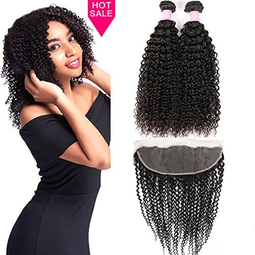Miss GAGA Brazilian Curly Virgin Hair Weaves 2 Bundles with 13x4 Ear to Ear Full Lace Frontal Closure Unprocessed Human Hair Extensions Natural Color (12 14+10,Free Prat Frontal)