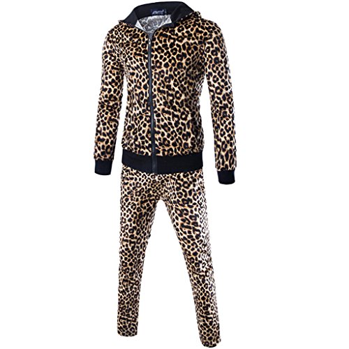 Dantiya Men's Lover Leopard Print Hoodie Coat Zip Sweatshirt and Pant Sets Sweatsuit Yellow XL