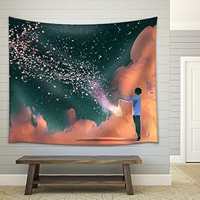 Man Holding a Cage with Floating Shinning Star Dust,Illustration Painting - Fabric Wall Tapestry Home Decor - 51x60 inches