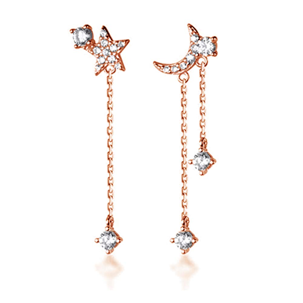 Crystal Moon Star Dangle Drop Stud Earrings S925 Sterling Silver for Women Girls Dainty CZ Diamond Tassel Threader Chain Dangling Earring Asymmetrical Studs Fashion Jewelry Gifts (Rose gold) — image 1