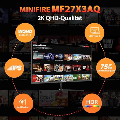 Minifire 27 Zoll Monitor WQHD(2560x1440), IPS, 1ms, FreeSync, 100% sRGB, 75Hz, ltradünner Rahmen, HDMI DP, USB-C Ports, 2 Jahre Garantie -Schwarz thumbnail 2