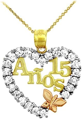 14k Tri Color Gold Sweet 15 Anos Quinceanera Necklace with Cubic Zirconia Heart with Butterfly, 22"