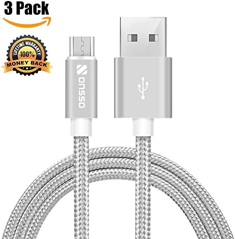 Onsso Nylon Braided Android Micro USB Cable, Micro USB to USB Cable Sync and Charging Cable for Samsung, Kindle, Android Smartphones, Galaxy S7 Edge, Moto G5, PS4 [3-Pack] (Silver, 1M/3.3Feet)