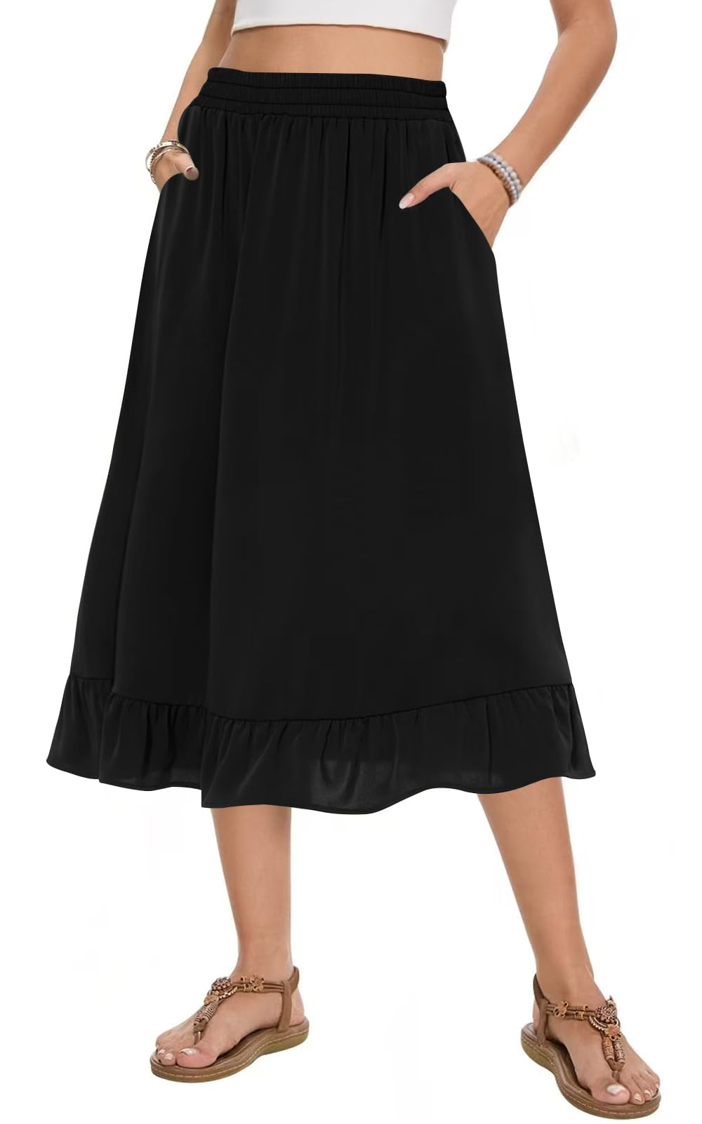 Photo 1 of (XL) (BAGGED) Leafsay Midi Skirts for Women Trendy Elastic High Waist Flowy Swing A Line Casual Tiered Ruffle Skirt with Pockets(Black,XL)