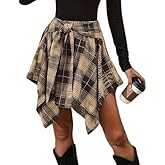 Chvity Mini Skirts for Women High Waisted Asymmetrical Hem Fashion Plaid Skirt