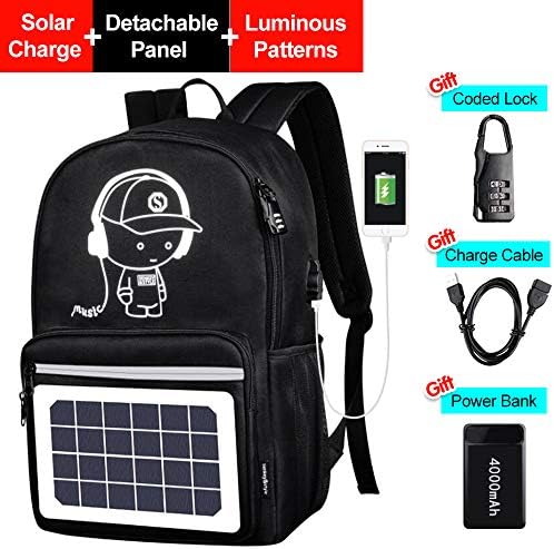Solar Luminous Backpack with Detachable Solar Panel & USB Charging Port & Power Bank & Anti-Theft Lock, Waterproof Anime Black School Bag Daypack Travel Laptop Bag 15.6 in Boys Girls Men Teens