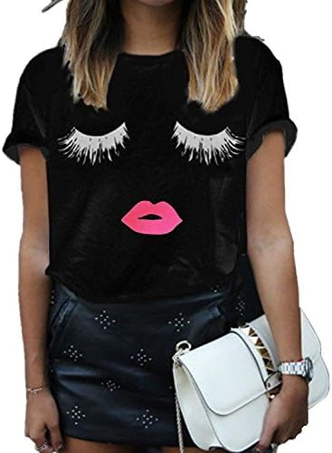 FV RELAY Women's Summer Cute Eyelash Lip Print Tee Casual Teen Girls T Shirts