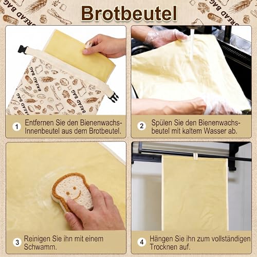 Beeswax Bread Bags, Set of 2, XL, 43 x 33 cm, Reusable Bread Bag for Keeping Fresh, Linen Bread Bag with Removable Beeswax Inliner for Sourdough, Sustainable Bread Storage Including Sponge