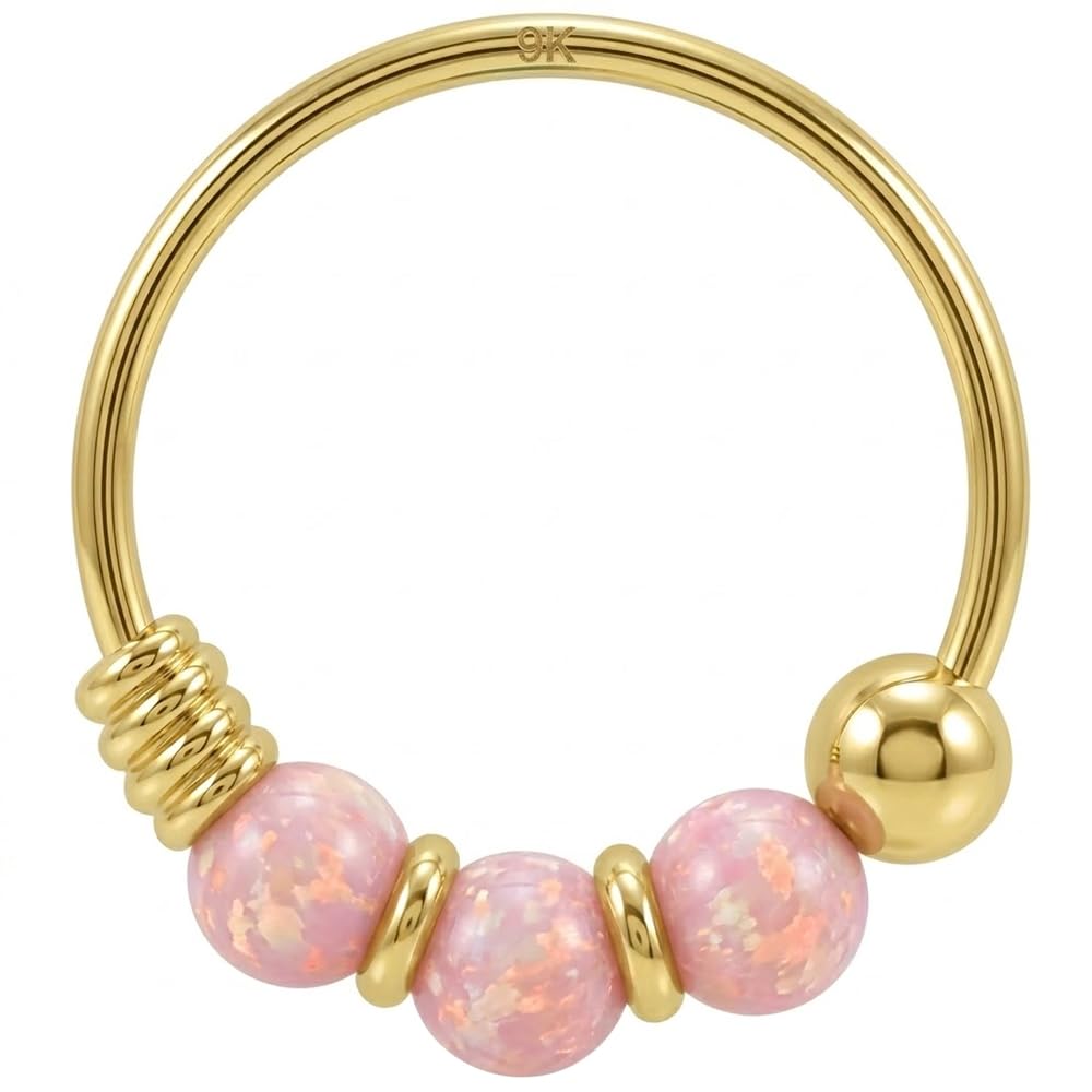 AZARIO LONDON 9K Yellow Gold Nose Ring Triple Pink Opal Bead 22 Gauge Hoop