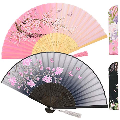 Zolee 2 PCS Small Folding Hand Fans for Women - Chinese Japanese Vintage Bamboo Silk Fans - for Dance, Performance, Decoration, Wedding, Party，Gift (Gray & Pink Sakura)