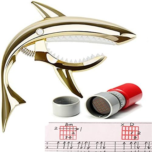 Onemax Shark Zinc Alloy Capo with Common Chord Stamp for Acoustic, Electric Guitar and Ukulele (gold)