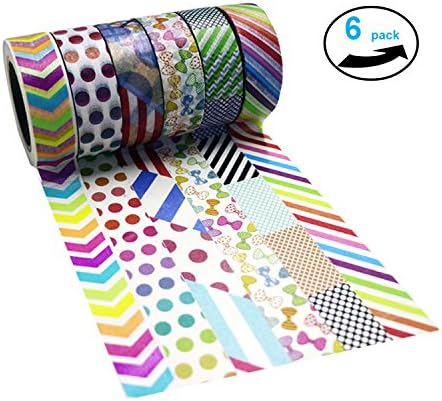 Bright Colorful Washi Masking Tape Collection (Set of 6 Rolls) Cool and Vibrant Decorative for DIY Crafts, Festival Gift Wrapping ,Office Party Supplies, Christmas, Lamp, Cards, Scrapbook (White)
