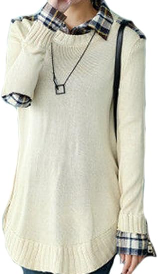 Amazon セーター レイヤード 風 チェック シャツ ラウンド 編み ニット レディース キュート かわいい 長袖 重ね着 スタイル クリーム セーター 通販