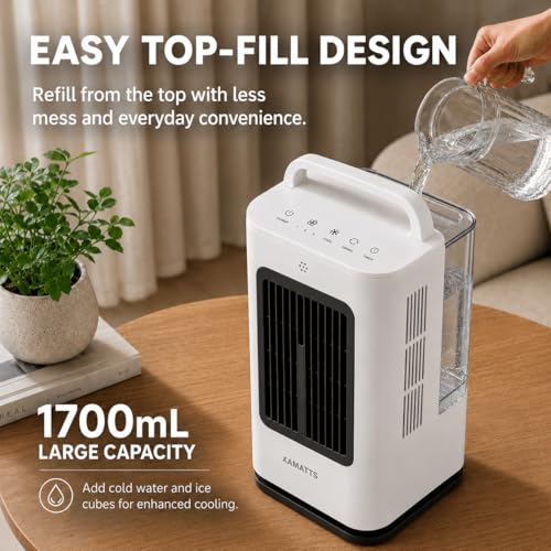 XAMATTS Portable Air Conditioners, 1700ml Evaporative Air Cooler with Remote, 120° Oscillating Mini Air Conditioner Portable with 3 Speeds & 1-7H Timer, Portable AC Unit for Bedroom Room Office Desk