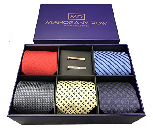 5 Luxury Men's Neckties, 2 Modern Tie Bars, Designer Gift Box, The Must Have Mens Necktie Set (Purple)