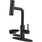 HOWUWEY Black Kitchen Faucet with Pull Down Sprayer &amp; Cup Washer | Glass Rinser Faucet for Kitchen Sink, Single Handle Waterfall 1 or 3 Hole Tap for Bar Sink Farmhouse Camper Laundry Rv