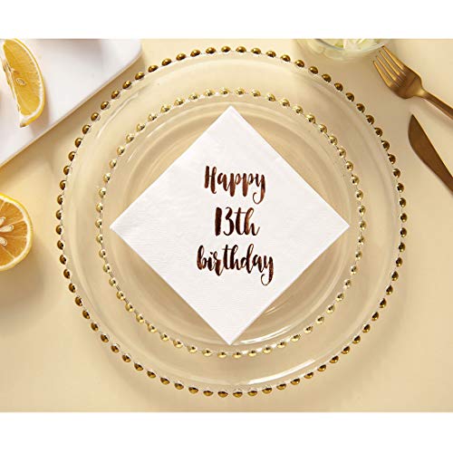 MAGJUCHE Happy 13th Birthday Cocktail Napkins, 50-Pack 3ply White Rose Gold Dinner Celebration Party Decoration Napkin