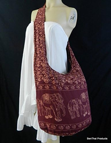 GaanZaLive36 Cotton Hippy Hippie Hobo Sling Backpack College Leisure Rucksack Festival Clothing Essential Peace and Love Purse Handbag Shoulder Bag (Elephant,Wine)