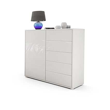 Vladon Kommode Sideboard Ben V2, Korpus in Weiß Matt/Fronten in Weiß Hochglanz
