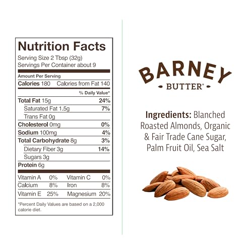 BARNEY BUTTER ALMOND BUTTER, SMOOTH, 10 OUNCE JAR, SKIN-FREE ALMONDS, NO STIR, NON-GMO, GLUTEN FREE, KETO, PALEO, VEGAN