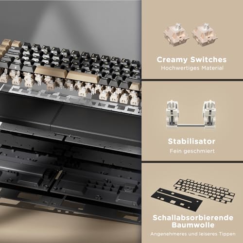 RK ROYAL KLUDGE S70 Gaming Keyboard Wireless Mechanical Ergonomic Split Design Keyboard QWERTZ with Wrist Rest, Bluetooth/2.4G/USB-C, RGB Lighting, Hot-Swap Linear Creamy Switches