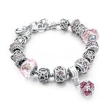Long Way Silver Chain Pink Crystal Bead Glass Charm bracelet With Extender 7.5