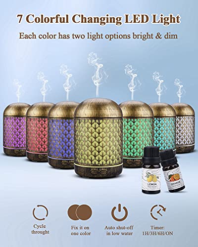 JVJH 300ml Aroma Diffuser, Metall Aromatherapie Diffusor mit 2 x10ml Ätherische Öle Set,Raumbefeuchter Elektrisch Duftlampe,7 Farbe Licht Vintage Diffusor für Home &Office