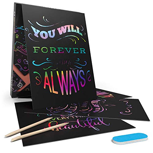 ARTEZA Scratch Paper Set of 42, 10.9x8.2 inch Sheets, Art Set Include: 4 Unique Patterns, 4 Scratchers, 4 Stencils, 4 Post Cards, for Kids, Art & Craft Classrooms and DIY Projects