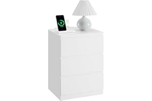 VASAGLE Nightstand with Charging Station, 2 AC Outlets and 2 USB Ports, Bedside Table, Side Table with 3 Drawers, Modern Style, 13.8 x 15.7 x 23.2 Inches, Cloud White ULET631W16