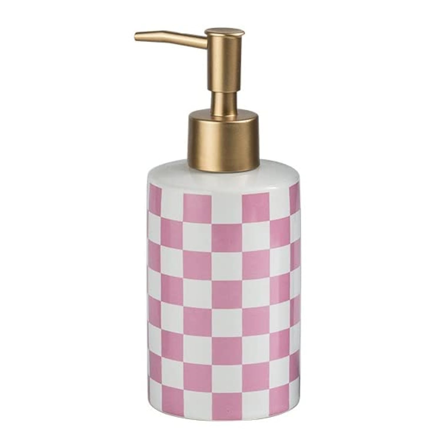 Checkered Ceramic Soap Dispenser with Rust Proof Gold Matte Pump Decorative Soap Dispenser for Bathroom or Kitchen (Pink & White)